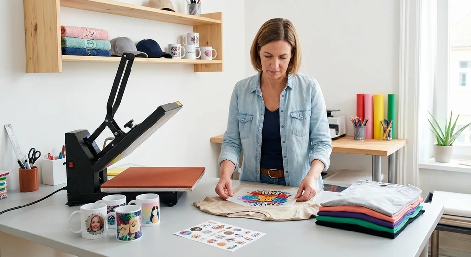 Photographie professionnelle montrant un atelier de production textile avec un professionnel en train de travailler sur une petite série d'objets promotionnels personnalisés (mugs, t-shirts, ou autocollants). L'image doit mettre en évidence la qualité artisanale et le soin apporté au travail sur petite quantité, avec des échantillons de produits finis aux couleurs variées exposés sur le plan de travail ou une étagère visible en arrière-plan.