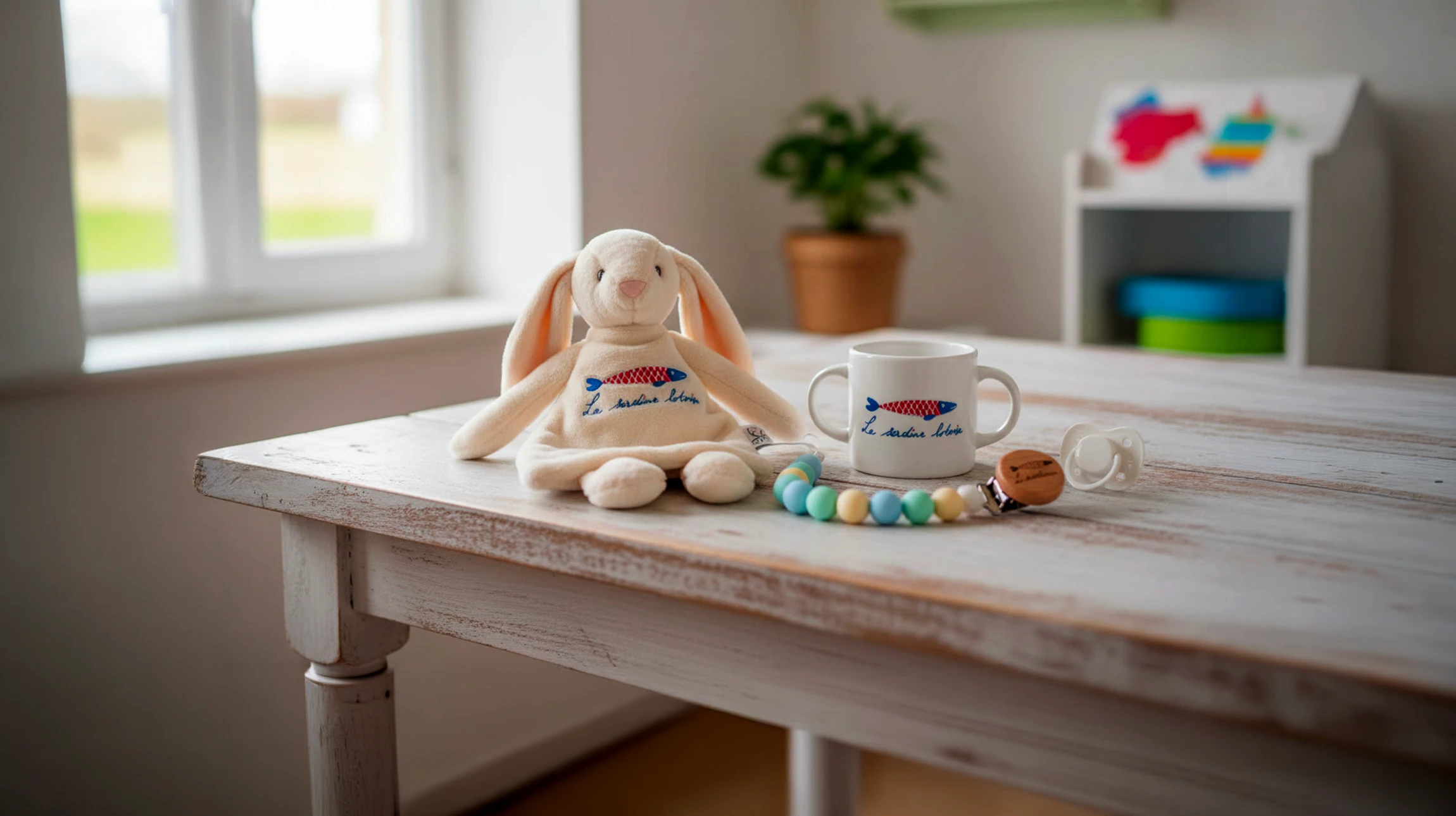 Photographie en gros plan d'un doudou en textile doux de couleur chaleureuse (beige, gris clair ou bleu pastel) avec un prénom brodé avec soin en lettres élégantes sur le corps du doudou. Le doudou est positionné de face, légèrement incliné pour montrer la broderie en détail. L'arrière-plan est très légèrement flou, épuré et lumineux (blanc cassé ou gris très clair) pour mettre en avant le produit. L'éclairage est naturel et doux, mettant en valeur la texture du textile et la précision de la broderie. L'ambiance est élégante, premium et professionnelle, convenant parfaitement à un produit de cadeau personnalisé de qualité.