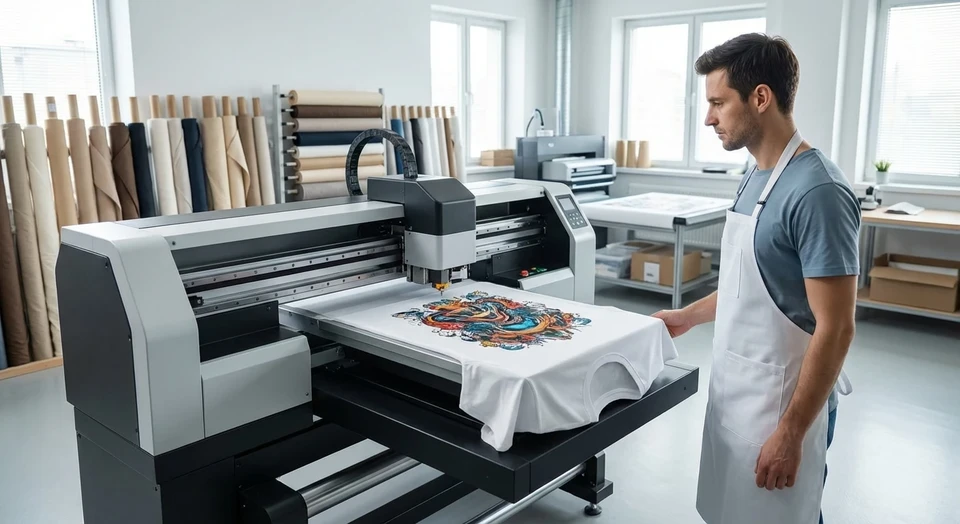 Gros plan d'une main d'artisan inspectant minutieusement un t-shirt personnalisé avec transfert DTF coloré et détaillé, vérifiant la qualité du marquage et la régularité des couleurs. La pièce textile est bien visible, le transfert est net et professionnel, et la scène se déroule dans un atelier ou un espace de contrôle qualité avec un éclairage naturel ou professionnel mettant en valeur les détails du travail.