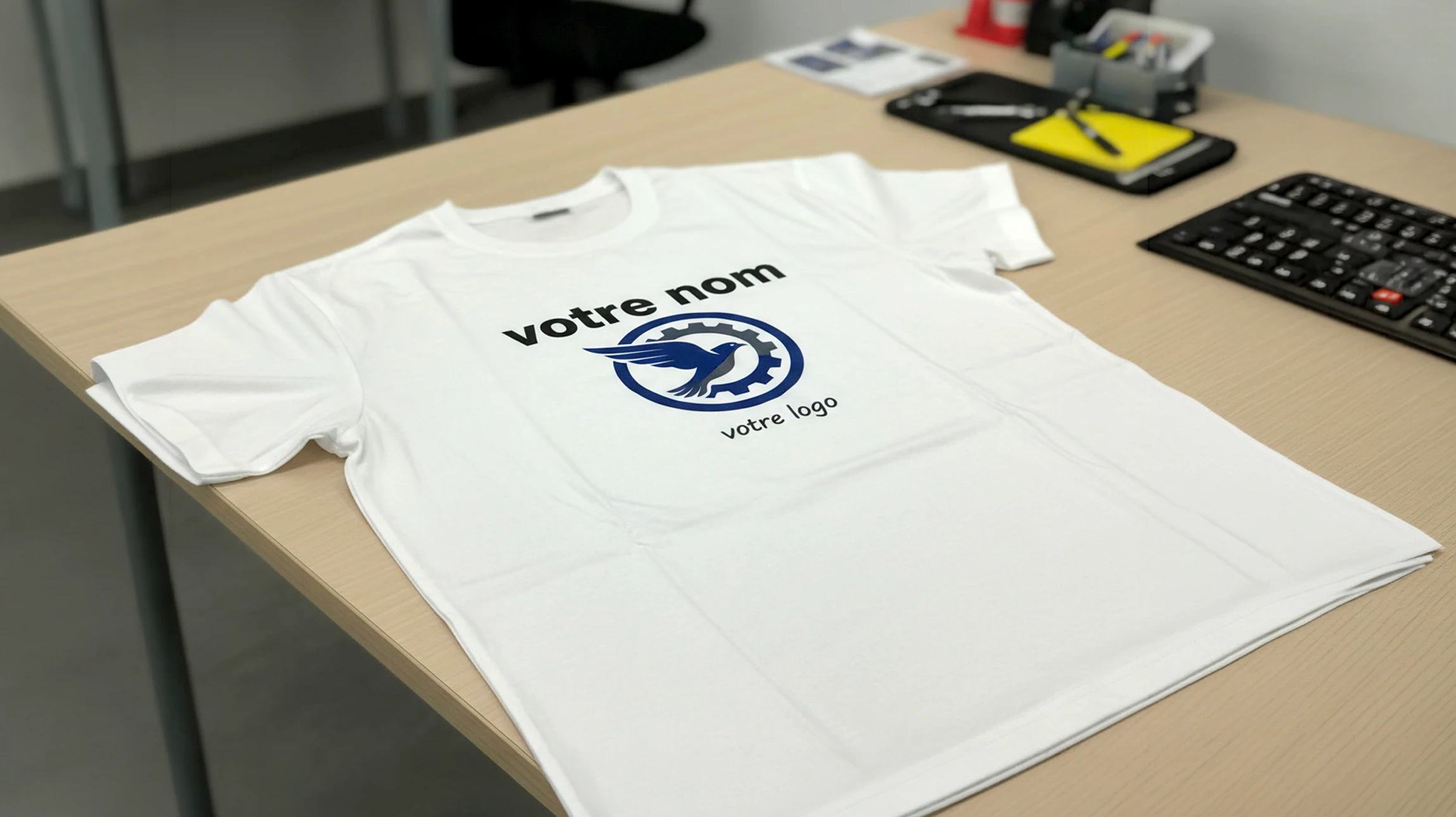 Photographie professionnelle en plan large montrant un atelier de marquage textile, avec une machine de transfert DTF moderne en action marquant un t-shirt blanc. Un opérateur professionnel observe le processus. Le textile marqué affiche un motif ou un logo coloré et détaillé, bien visible. L'environnement doit être celui d'un atelier professionnel organisé, avec des rouleaux de textiles en arrière-plan et une ambiance de travail maîtrisée et technologique.