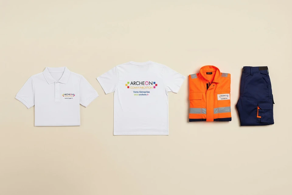 Photographie en conditions réelles d'un atelier de personnalisation textile : un artisan-brodeur ou technicien travaille sur une machine de broderie automatique ou une presse de transfert DTF, en train de personnaliser un vêtement professionnel (polo, chemise ou veste d'entreprise) portant un logo ou un motif personnalisé. La scène montre l'équipement en action, les détails du travail de précision, et l'environnement professionnel d'un atelier moderne. Lumière naturelle ou professionnelle mettant en valeur la qualité du travail. Aucun texte, logo ou filigrane visible.