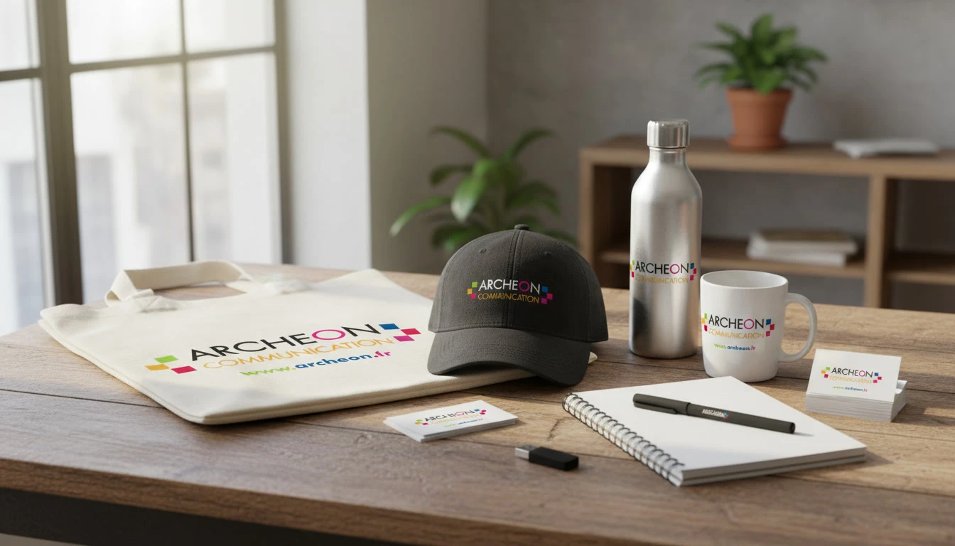 Photographie en studio de haut niveau montrant une composition professionnelle d'objets promotionnels variés personnalisés : au premier plan, un mug blanc céramique avec un logo d'entreprise imprimé en couleurs vives, à côté un textile (polo ou t-shirt) avec broderie visible sur la poitrine, un badge ou accessoire textile, et en arrière-plan d'autres articles promotionnels légèrement floutés (serviette, casquette ou accessoire). L'ensemble est disposé sur une surface neutre (bois clair ou fond blanc/gris) avec un éclairage professionnel soulignant les détails de personnalisation et la qualité des finitions. L'image doit transmettre professionnalisme, créativité et excellence dans la personnalisation d'objets.