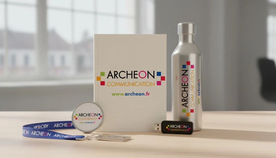 Photographie professionnelle en plan rapproché montrant une collection variée d'objets publicitaires personnalisés disposés sur une surface élégante : un mug blanc gravé d'un logo d'entreprise, des stylos publicitaires haut de gamme, un carnet nominatif, une serviette de luxe avec logo brodé, et une batterie connectée. Les objets sont photographiés de manière à mettre en avant la qualité de la personnalisation, la broderie et les finitions. L'éclairage professionnel met en relief les détails et la texture des matériaux. Arrière-plan neutre et épuré pour valoriser les produits. Composition qui transmet la professionnalisme, la qualité et l'excellence du service de personnalisation.