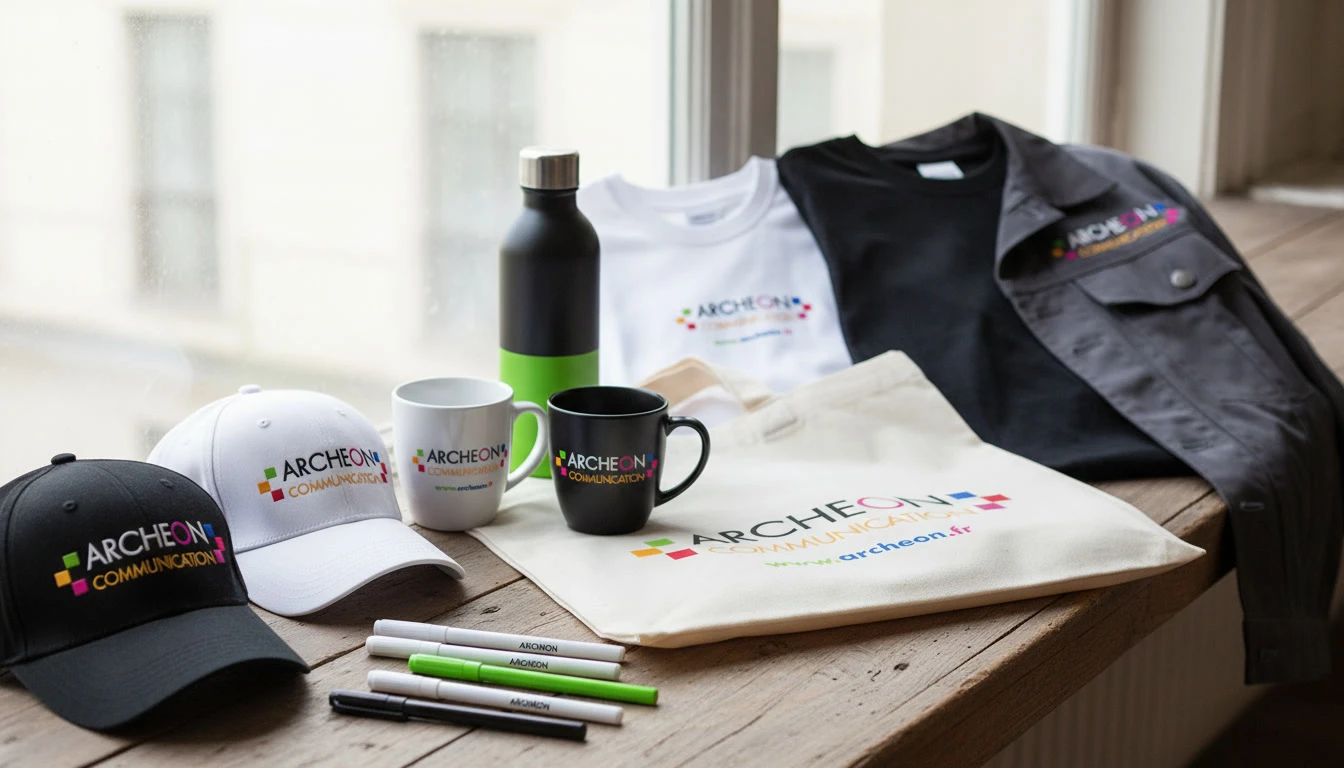 Photographie professionnelle en vue de dessus/3/4 montrant une composition dynamique d'objets promotionnels personnalisés variés : tee-shirts ou polos brodés de logos d'entreprise, tasses personnalisées, mugs avec motifs de marque, serviettes de table imprimées, un transat nominatif en arrière-plan, tous disposés sur une surface de travail ou présentation claire. Les objets doivent afficher clairement des personnalisations visibles (logos, textes, couleurs). Lumière naturelle professionnelle, fond neutre ou de couleur claire. Style réaliste et élégant, sans texte ni logo flottant, transmettant le savoir-faire et la diversité de l'offre de personnalisation.