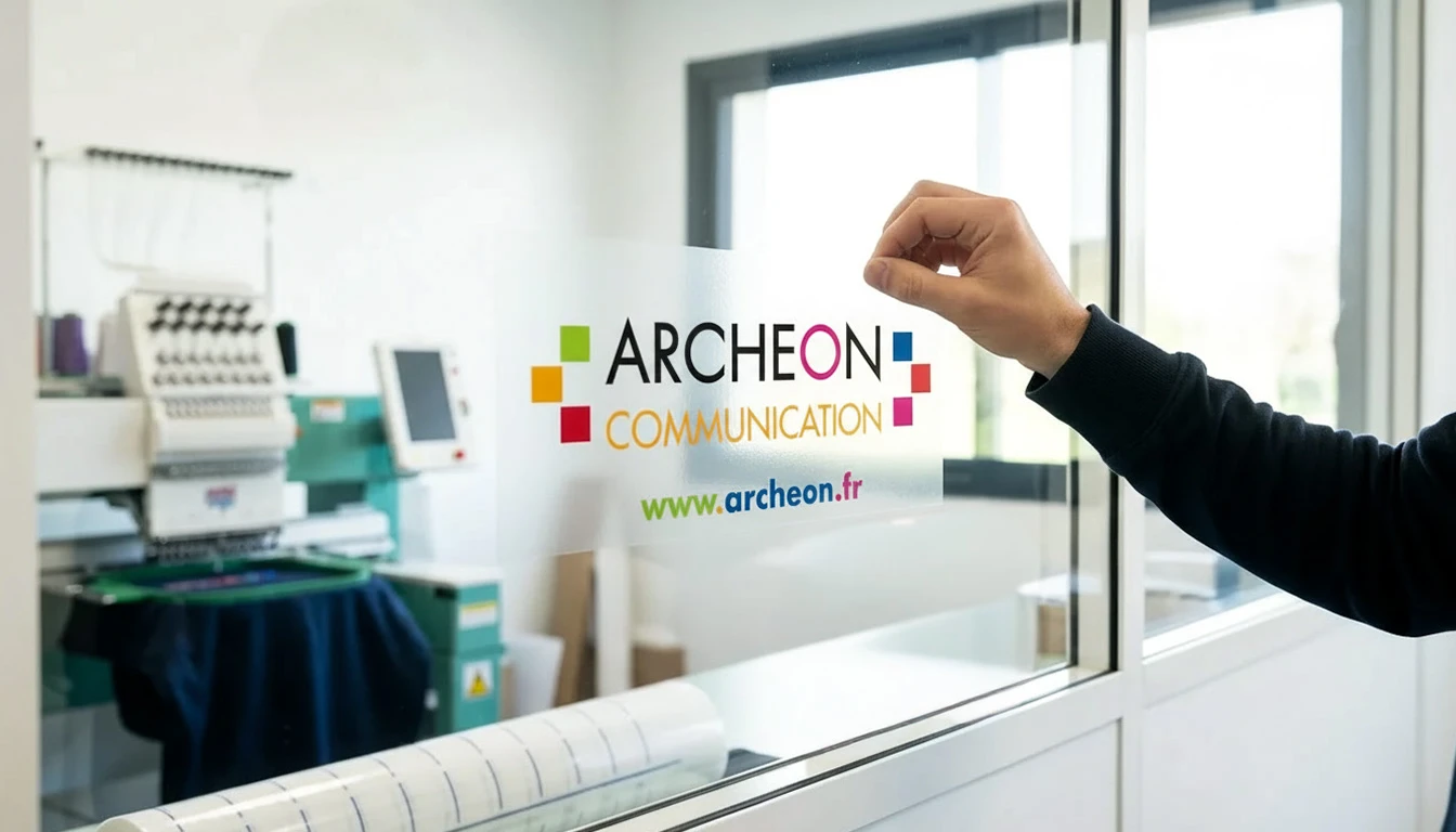 Photographie en gros plan d'une main professionnelle appliquant avec soin un autocollant personnalisé brillant sur une surface lisse (vitre, surface de produit ou support publicitaire). L'adhésif montre un design graphique épuré et coloré. L'arrière-plan flou révèle un atelier moderne avec du matériel de personnalisation textile (broderie, transfert). L'éclairage naturel met en avant la qualité et la précision de la pose de l'adhésif. L'atmosphère générale dégag professionnel, qualité et savoir-faire artisanal.