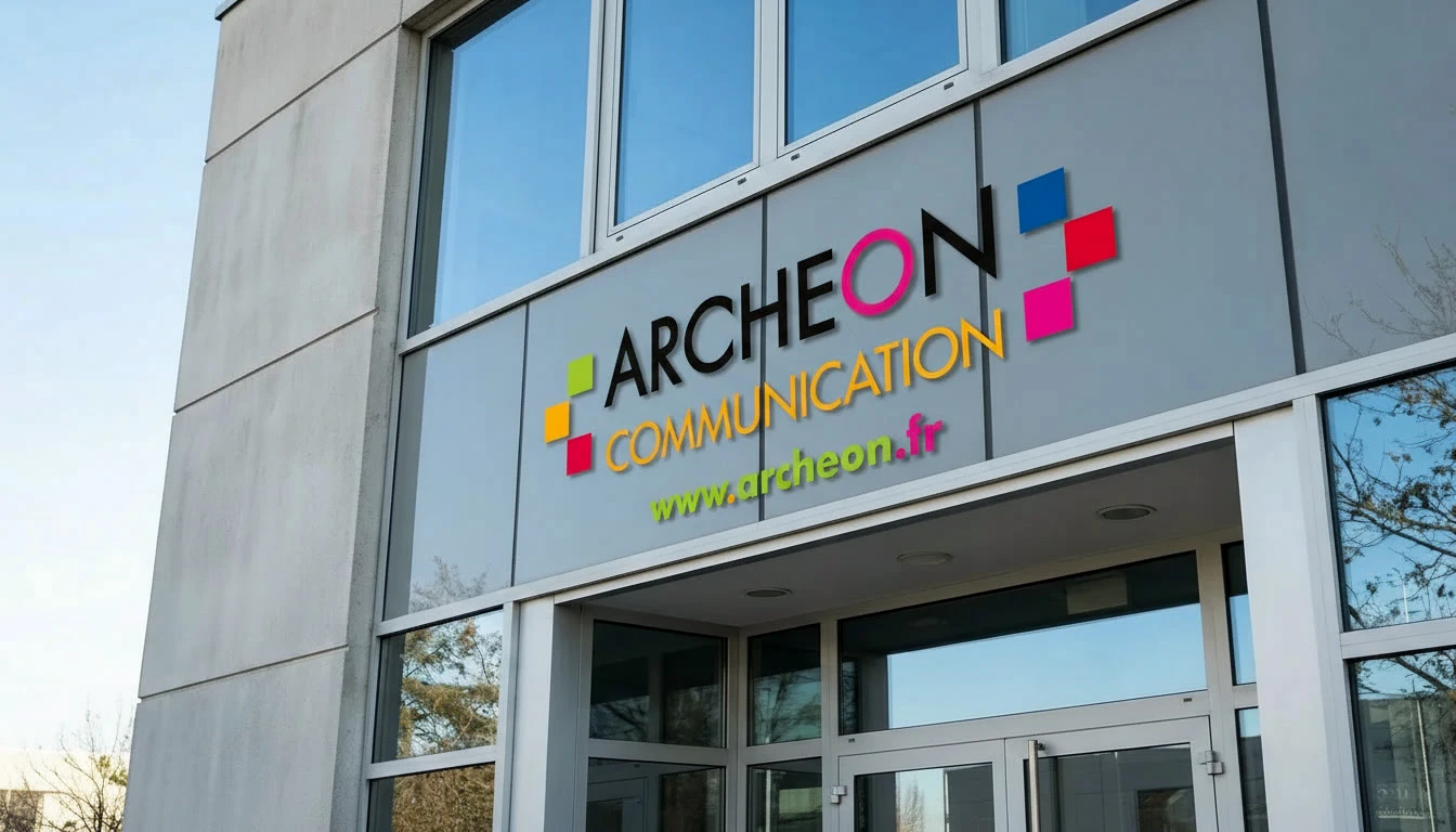 Photographie d'une façade commerciale ou institutionnelle moderne présentant une signalétique personnalisée professionnelle en lettres ou logo adhésif, bien visible et de qualité, illustrant l'installation dans son contexte réel. La signalétique doit être clairement lisible et représenter un exemple de travail professionnel et soigné, sans texte générique ni placeholder.