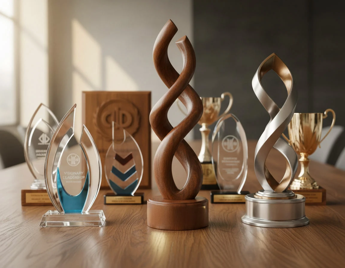 Cérémonie de remise de prix sportif en intérieur, athlète masculin en tenue bleue Lacoste tenant un trophée en cristal, souriant face au public